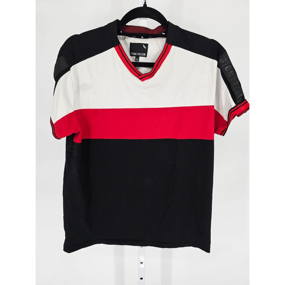 Stone Falcon Mens Sz L Short Sleeve V Neck T Shirt Black White Red Striped